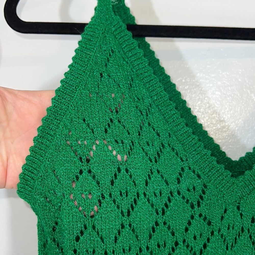 Vintage green knit A line dress ties at shoulder sundress midi feminine - Picture 5 of 14